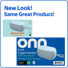 Bluetooth speaker retail box showing blue rugged speaker and feature icons