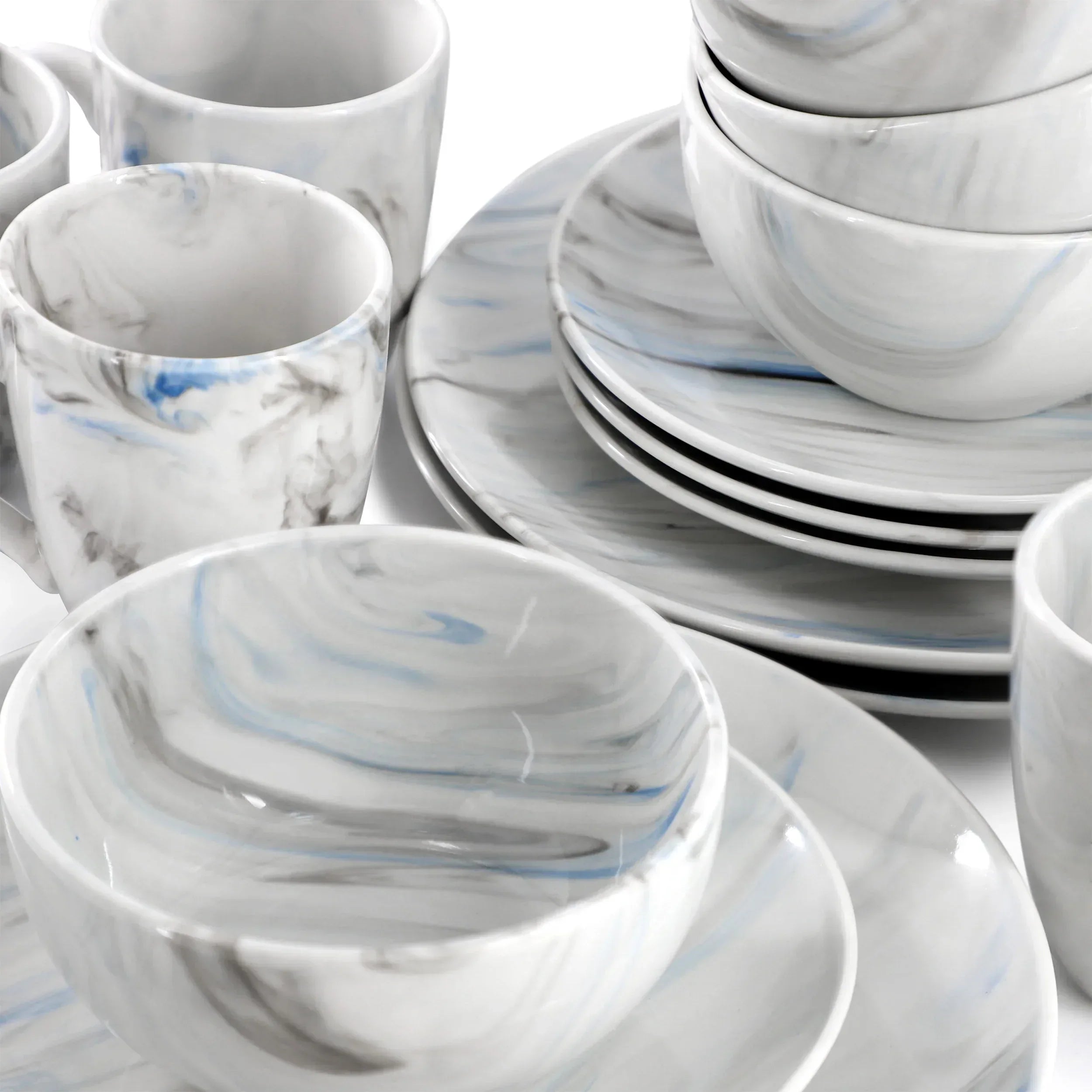 Elama Fine Marble 16 Piece Porcelain Dinnerware Set in Blue and Gray, Service for 4