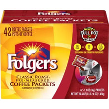 Folgers Classic Roast coffee packet box, 42-count, red and yellow front label