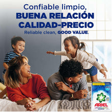 Laundry detergent promotional scene with family on couch and small detergent pouch