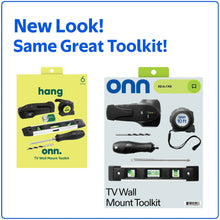 TV wall mount toolkit retail package front showing stud finder and mounting accessories