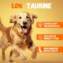 Golden retriever dog posing beside a sweet potato chicken treat information panel