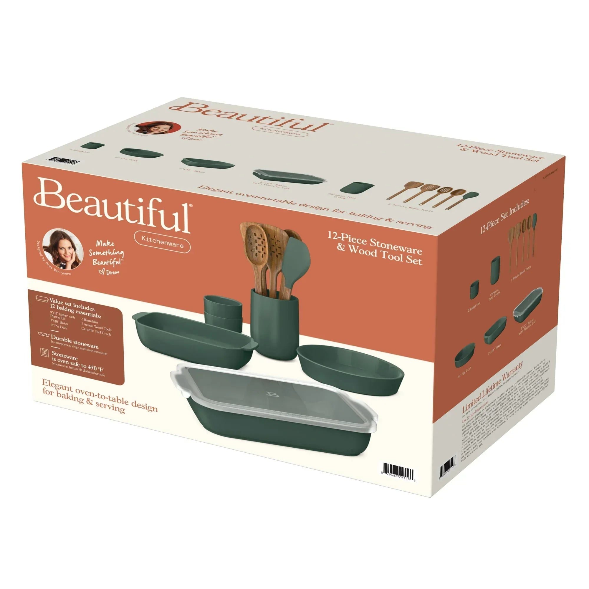 Beautiful 12-Piece Stoneware Bakeware & Kitchen Tools Set, Thyme Green by Drew Barrymore