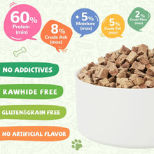 Freeze-dried chicken liver treats nutrition infographic with liver pieces and icons