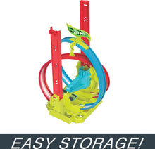 Hot Wheels track set with stacked loop pieces for easy storage, red and blue rails