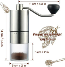 Compact manual coffee grinder, black crank handle, adjustable grind setting ring