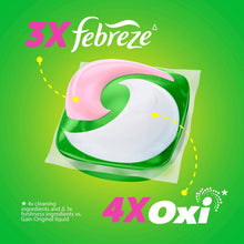Green and pink detergent fling pack with 4x Oxi and 3x febreze icons