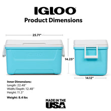 Hard-sided ice chest cooler in aqua blue with white lid and front carry handle