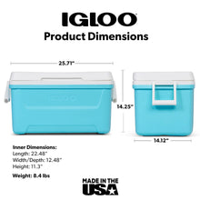 Aqua blue hard cooler with white lid and front carry handle; product dimensions shown