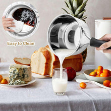 Stainless steel saucepan with transparent lid, interior view, and pouring spout