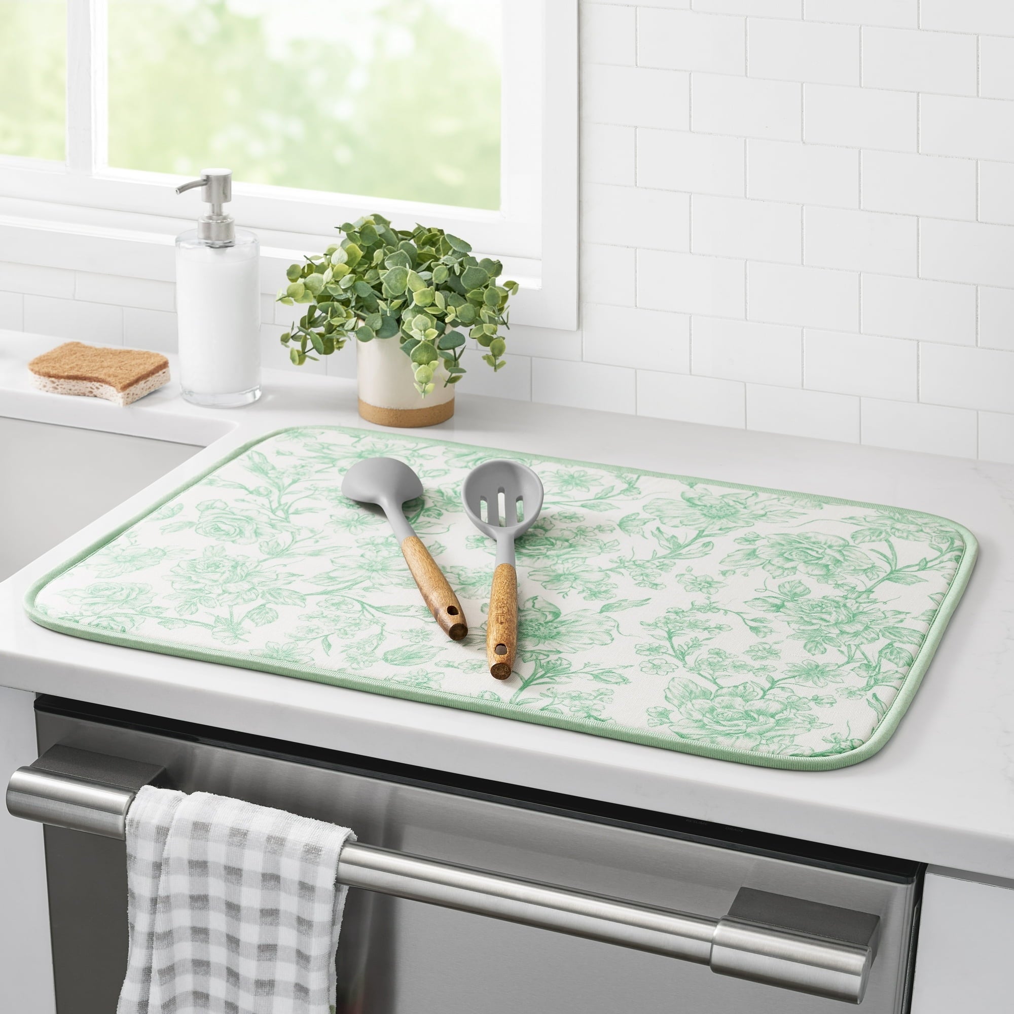 The Pioneer Woman Agatha 100% Polyester Dish Drying Mat, Green, 18" x 24"