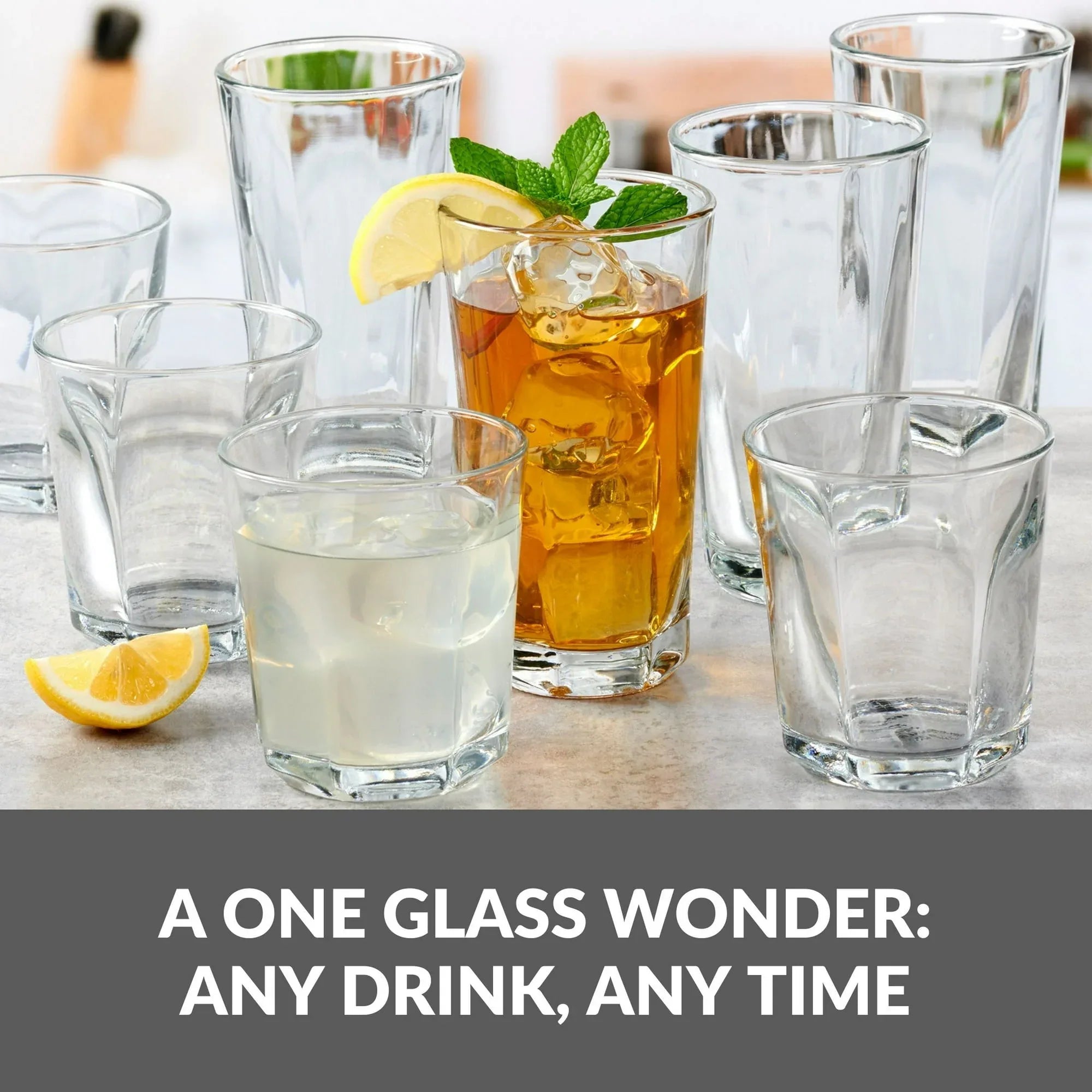 Mainstays Leila Glass Drinkware, 12 Ounce & 16 Ounce, Set of 8