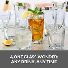 Clear glass tumblers for drinks, featuring straight sides and a faceted base