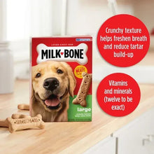 Milk-Bone large dog treat package with dog image, plus crunchy texture and vitamin callouts