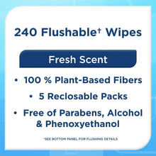 Flushable wipes label: 240 count, Fresh Scent, 100% plant-based fibers, 5 reclosable packs