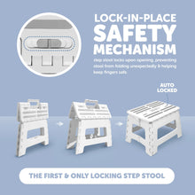 White locking step stool shown open and folded, with interlocking safety design