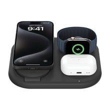 Black wireless charging station dock with phone and watch/earbud charging pads