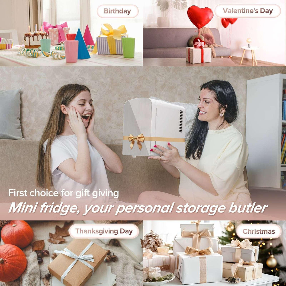 Auseo Mini Portable Fridge Personal, Countertop, 4L/6 Cans, Cooler Small Refrigerator, Front Door Stainless Steel, AC/DC, Option for Skincare, Makeup, Drinks, Dorm Room, White - USA MEGA SHOP