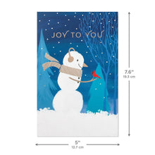 Hallmark snowman Christmas card with a red bird, scarf and 5 by 7.6 inch dimensions