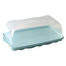 Clear blue loaf keeper with hinged cover for bundt loaf