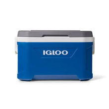 Igloo Latitude 52 blue cooler with front logo and gray top lid