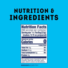 Nutrition facts panel for iced black tea, serving size 1/2 tea bag (2.5 g).