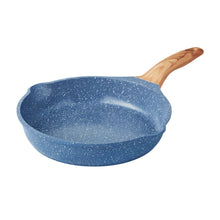 Blue speckled frying pan with acacia wood handle and curved rim