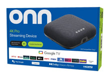 onn 4K Pro Streaming Device retail box with black device and Google TV branding