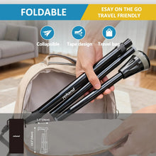 Foldable black walking cane with travel bag, shown with collapsible sections