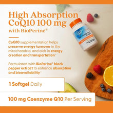 CoQ10 softgel supplement bottle with orange cap, blue label, 100 mg