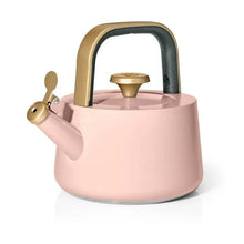 Rose ceramic stovetop tea kettle with gold-tone lid and side lever