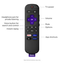 Black voice remote with OK button, volume, mute, and headphone jack