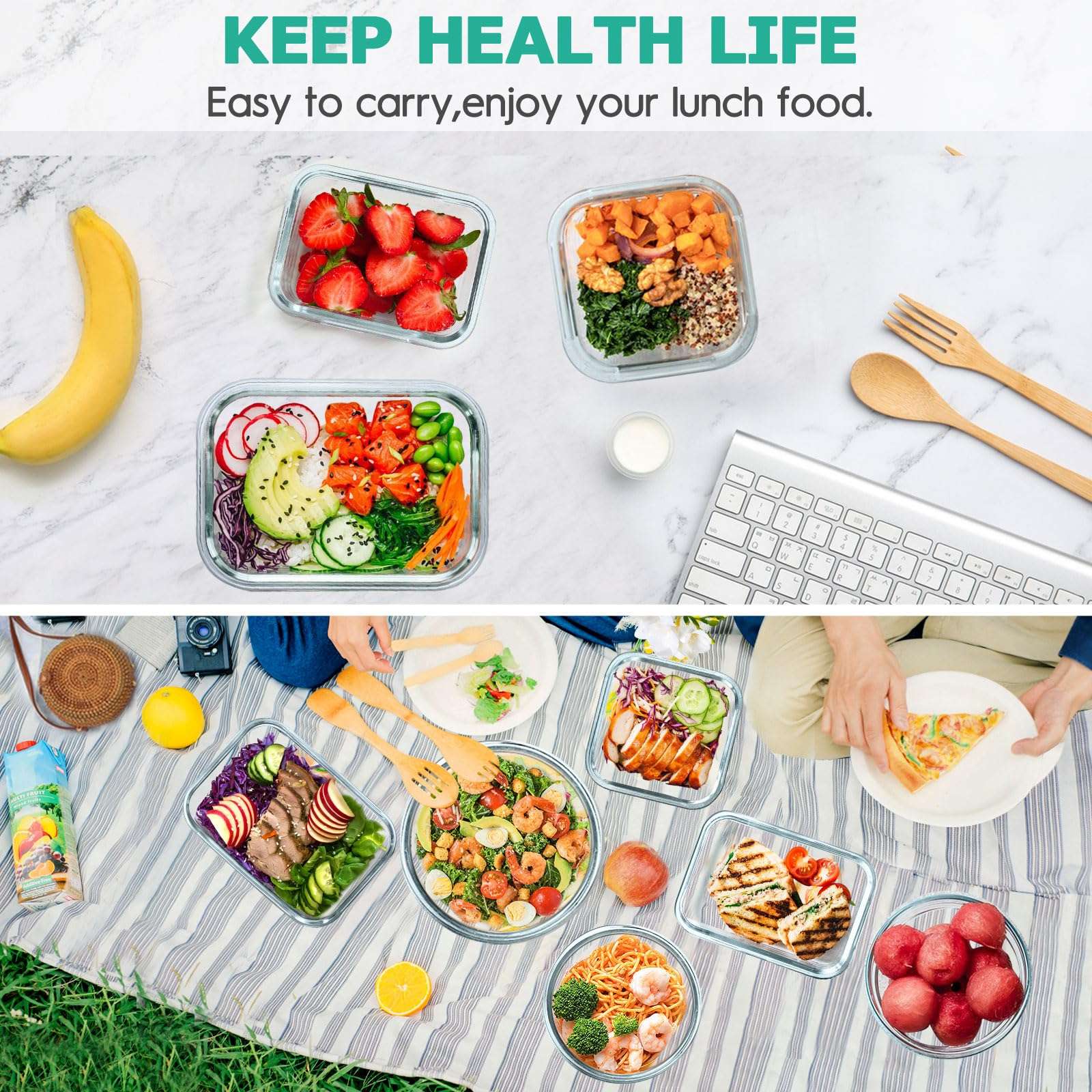 34pcs Glass Food Storage Containers with Lids Set, Airtight Meal Prep Containers (17 Containers & 17 Lids), Black