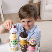 Pretend ice cream toppings with cones and scoops from wooden ice cream counter playset