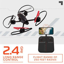 Black and red quadcopter drone with phone screen preview and handheld remote controller