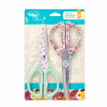 2-piece all-purpose scissors set in package, mint and floral patterned handles and blades