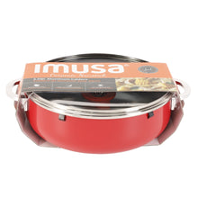 IMUSA red caldero with glass lid, chrome rim, and two side handles