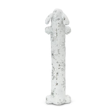 Plush dog loofa toy in white with scattered gray snowflake and star patterns