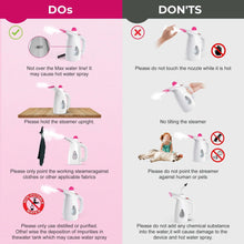 Handheld fabric steamer on a safety infographic panel, white body with pink accents