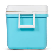 Aqua blue cooler with front swing carry handle and closed white lid
