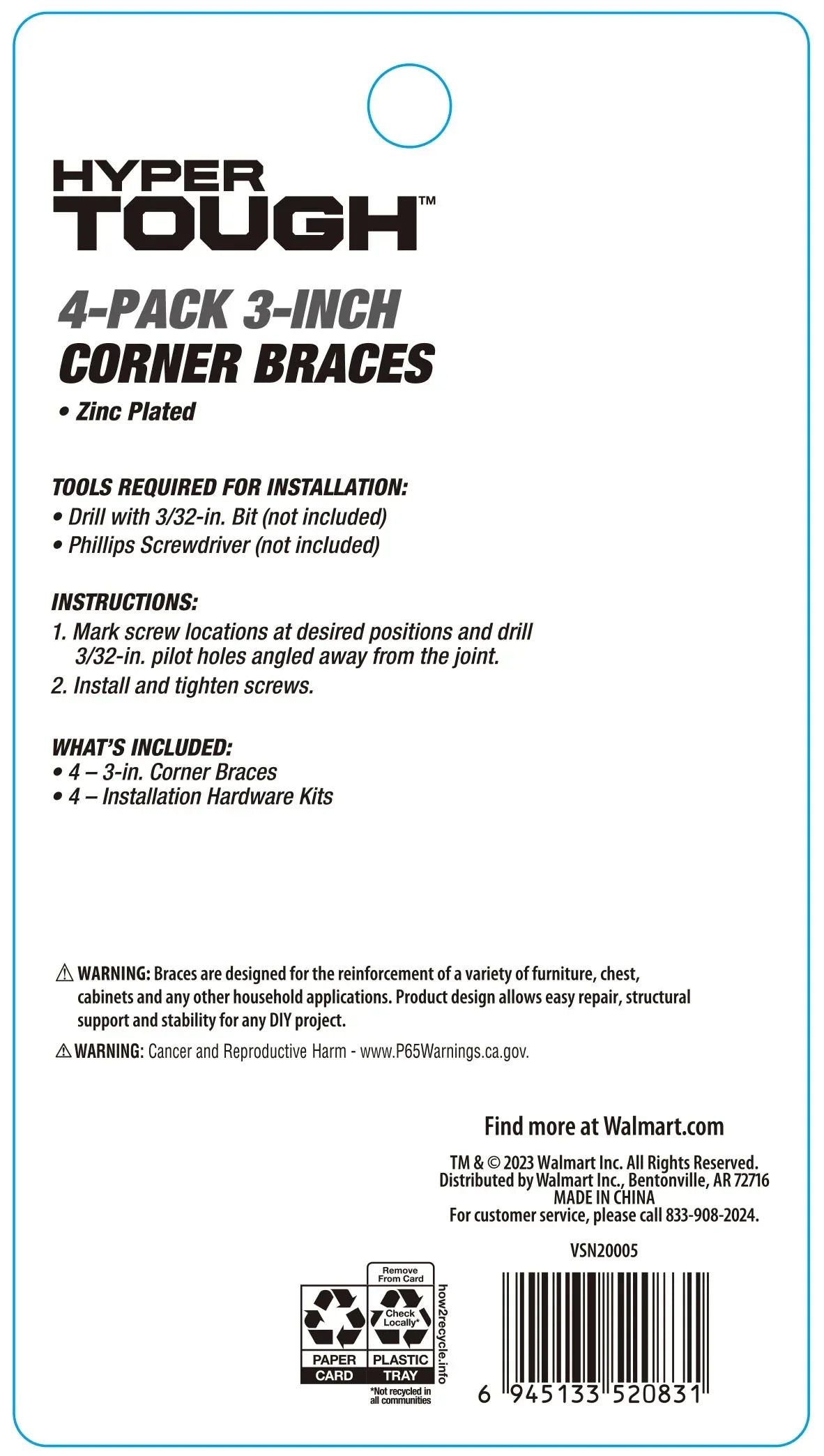Hyper Tough 3 inch. x 3 inch.Corner Brace, Steel, Zinc Plated (4 Pack)