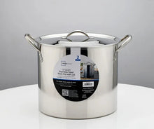 Stainless steel stock pot with metal lid and two side handles, front view