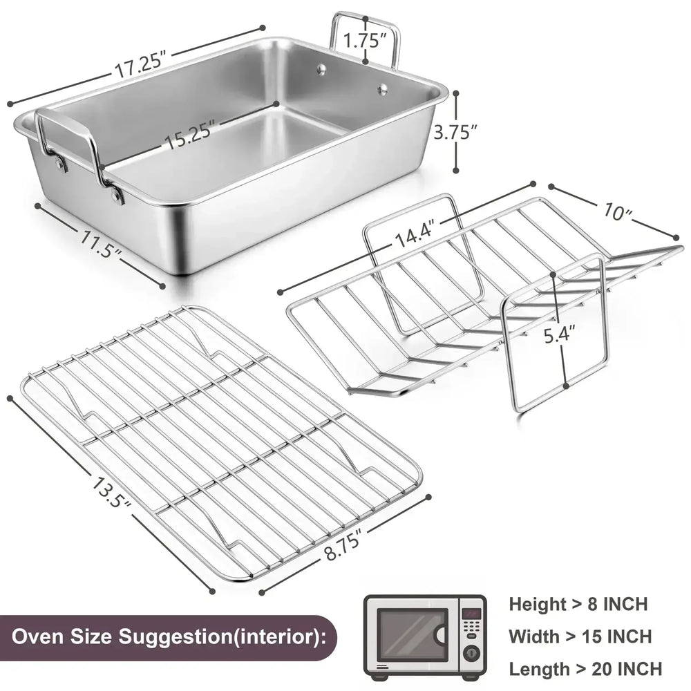 Walchoice Roasting Pan with Rack Set, Stainless Steel Large Turkey Roaster with V-shaped rack & Cooling Rack for Thanksgiving, Heavy Duty & Dishwasher Safe - USA MEGA SHOP