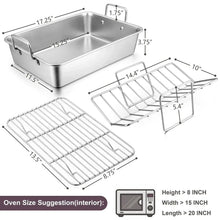 Stainless steel roasting pan with rack set shown with size measurements for pan and accessories.