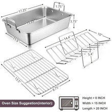 Stainless roasting pan set with V-shaped rack and wire cooling rack, shown with measurements