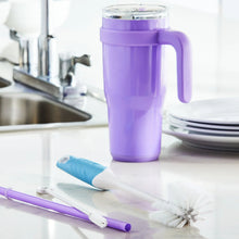 Bottle and straw cleaning brushes with white bristles; one blue-capped brush