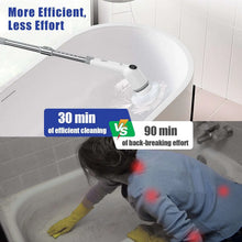 Cordless electric spin scrubber reaching into a bathtub with a rotating brush head
