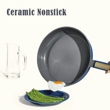 Blue nonstick frying pan with long handle and dark interior
