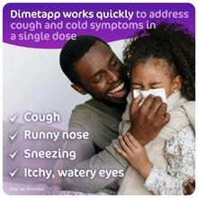 Children's Dimetapp Cold & Cough liquid label, cough, runny nose, sneezing, itchy eyes