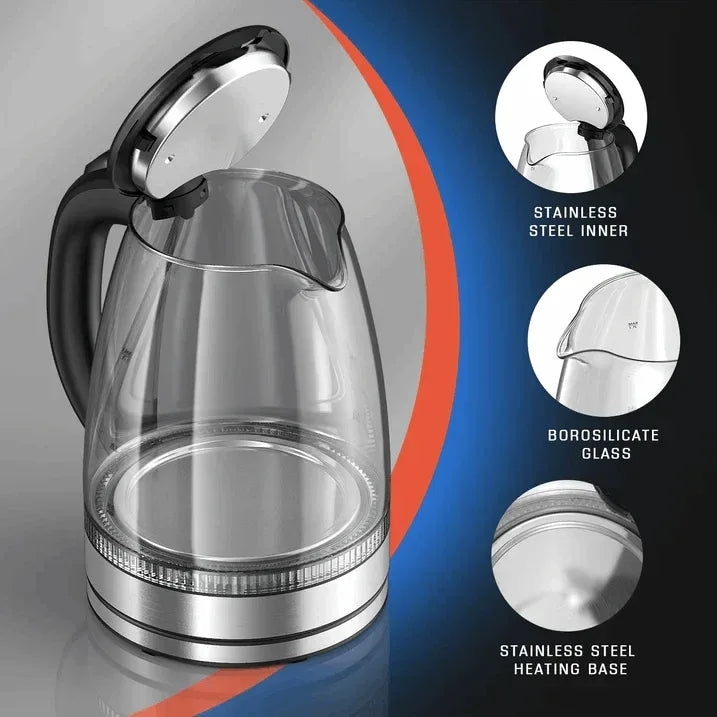 Electric Kettle, 1.7L Glass Boiler Electric Tea Kettle with Blue LED Indicator Light, Silver - USA MEGA SHOP